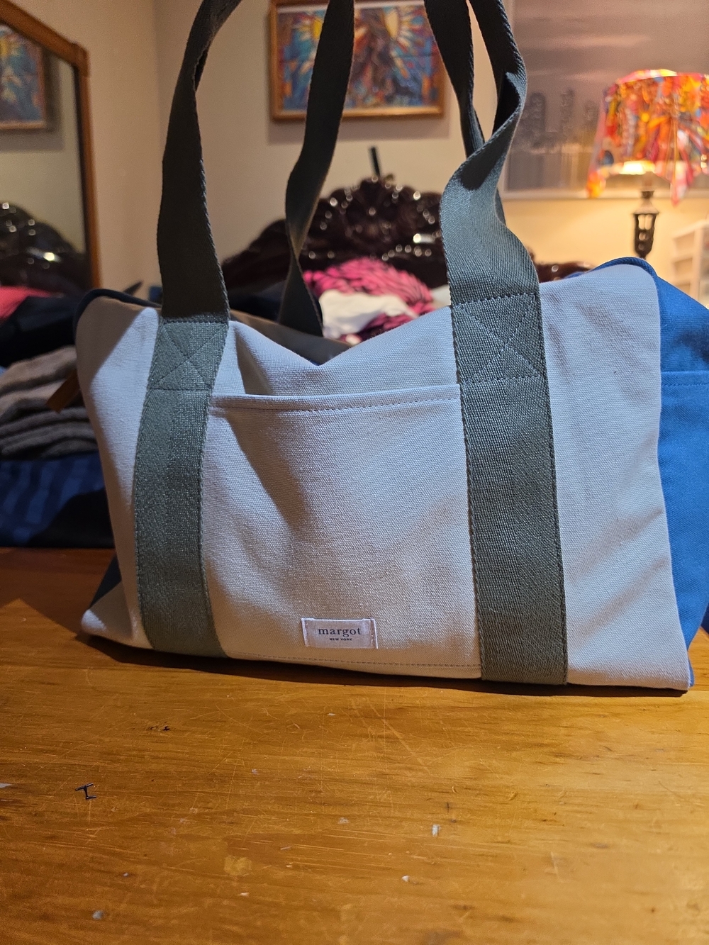 margot Two-Tone Canvas Carryall in Beige and Olive with Blue Side Panel